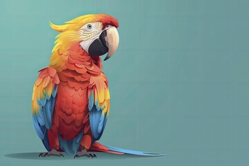 Obraz premium Playful cartoon parrot talking, bright turquoise background for language learning materials.