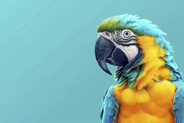 A colorful parrot with a vibrant personality chats against a turquoise backdrop, ideal for language learning resources. - obrazy, fototapety, plakaty