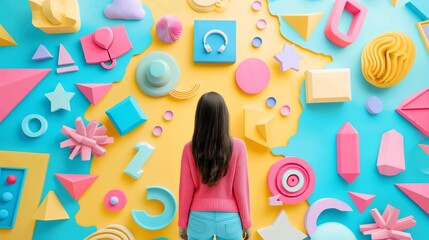 A woman is seen from behind as she interacts with a colorful and whimsical paper art installation featuring playful shapes, creating engaging graphics for social media posts. Social media manager