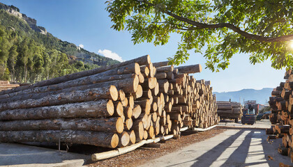 Waldwirtschaft, Holzindustrie, Baumstämme gestapelt in einem Sägewerk, KI generiert