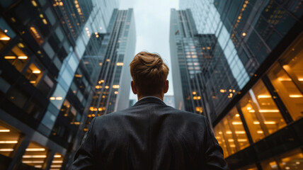 Fototapeta premium Visionary in the City: Aspiring Businessman Contemplating the Corporate Skyline
