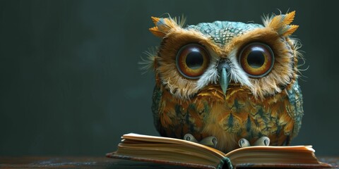 Reflective cartoon owl reading a book, deep forest green background for wisdom and learning themes. - obrazy, fototapety, plakaty