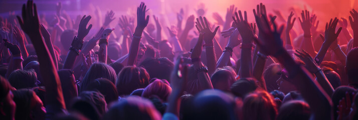 Concertgoers Enjoying a Music Festival. A sea of hands in the air during a live concert, glowing...