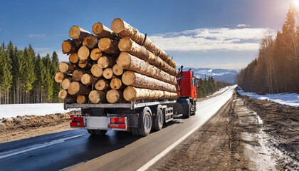 Waldwirtschaft, Holzindustrie, LKW, Langholztransporter beladen mit Holzstämmen, auf der Straße, KI generiert - obrazy, fototapety, plakaty