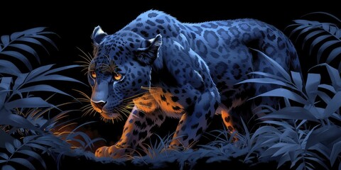 Sleek cartoon panther prowling at night, mysterious dark blue background for wild and natural predator themes.