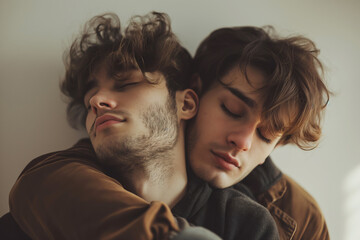 Emotive portrait of a gay couple in a tender embrace. Ideal for depicting love, trust, and LGBTQ relationships in various media.