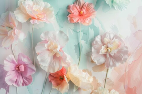 Soft fabric flowers in a palette of pastel colors are tenderly arranged on a canvas with gentle brushstrokes, evoking a springtime art piece..