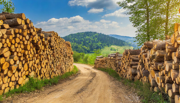 Waldwirtschaft, Holzindustrie, Baumst&auml;mme gestapelt an einem Weg, Polter, KI generiert
