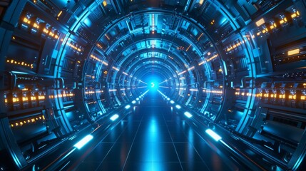 Futuristic Tunnel With Blue Glowing Lights
