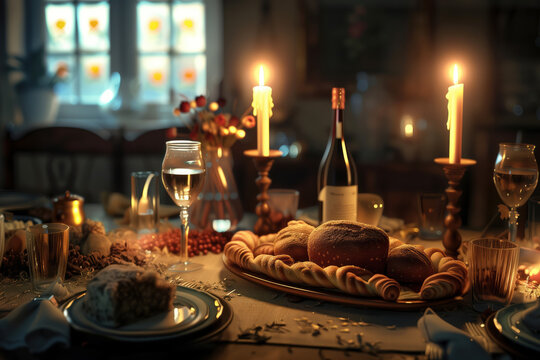 Holiday Shalom traditional challah bread candles on kitchen table during Jewish Sabbath ritual AI Generative