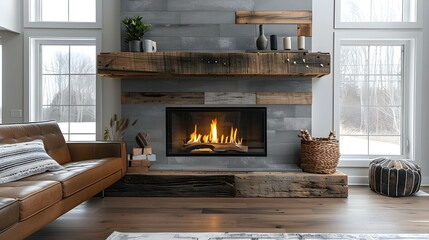 Sleek Mid-Century Modern Living Room with Cozy Fireplace. Concept Mid-Century Modern Decor, Cozy Fireplace, Sleek Design