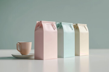 An array of branded coffee or tea packaging bags in pastel colors, perfectly lined up against a shadowed background..