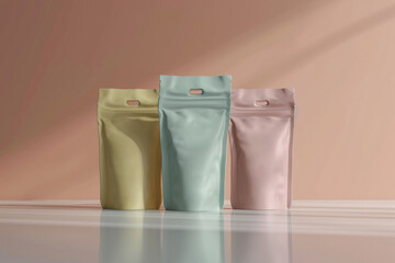 An array of branded coffee or tea packaging bags in pastel colors, perfectly lined up against a shadowed background..