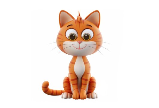 Adorable Cartoon Cat with Playful Expression, Perfect for Adding Fun and Warmth to Your Projects. This 3D rendering features an orange tabby cat with green eyes and a happy smile, set against a white 