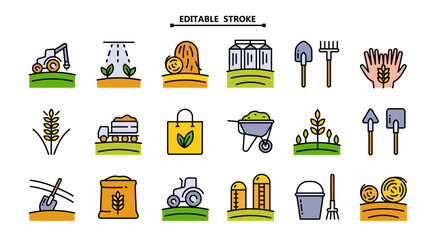 Agriculture and gardener color icons. Editable Stroke. Contains such Icons as Agricultural tools, Silo, Haystack, Grain, Watering, Wheelbarrow and more. Vector illustration isolated on white.