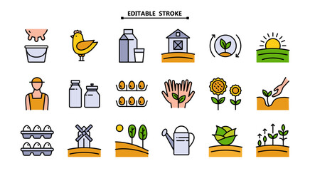 Farm, agriculture color icon set. Cultivating plants and livestock, farming, flat icons. Editable stroke, Simple set of farmer vector icons for web design isolated on white background