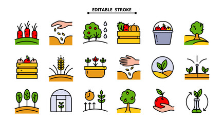 Gardening Related Vector Color Icons Set. Editable Stroke. Contains such Icons as Auto Watering, Seeding, Greenhouse and more. Vector illustration isolated on white.