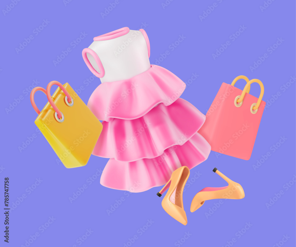 Poster 3d Clothes Female Concept Background Cartoon Design Style. Vector illustration of Floating Dress with Ruffles, Beige High Heels and Shopping Bag