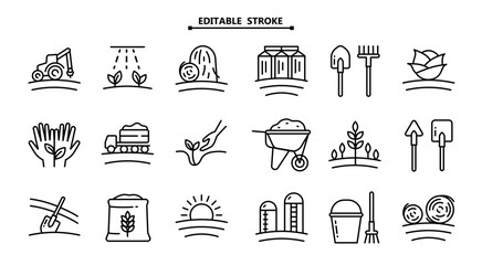 Agriculture and gardener outline icons. Editable Stroke. Contains such Icons as Agricultural tools, Silo, Haystack, Grain, Watering, Wheelbarrow and more. Vector illustration isolated on white.