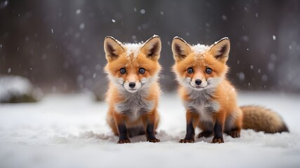 red fox in snow، Two small cute foxes playing in the snow
