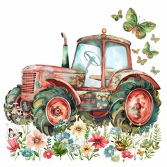 Vintage tractor with floral patterns surrounded by wildflowers and butterflies, depicting rural life - obrazy, fototapety, plakaty