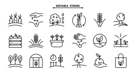 Gardening Related Vector Line Icons Set. Editable Stroke. Contains such Icons as Auto Watering, Seeding, Greenhouse and more. Vector illustration isolated on white.