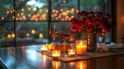Warm & Festive Thanksgiving Dinner Ambiance with Candlelight. Concept Thanksgiving Dinner, Warm Ambiance, Candlelight, Festive Decorations, Cozy Atmosphere