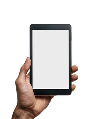 a male's hand holding an tablet  isolated  on a transparent or white background.