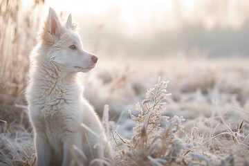 Portrait of albino wolf cup in the wildlife, sitting in the white snow, head turned, winter season - 785748164