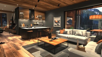 Fototapeta premium Cozy Evening in a Modern Mountain Cabin Living Room