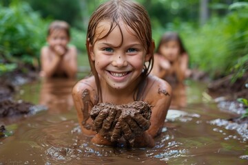A cheerful girl with muddy hands looks at the camera, radiating joy and the essence of a carefree childhood moment