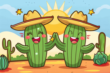 A pair of cheerful cacti sharing a high-five in the desert sun, each wearing a tiny sombrero, cartoon