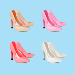 3d Bright Different Color Heels Cartoon Design Style Fashionable Women Shoes Concept. Vector illustration of Shoe Pair