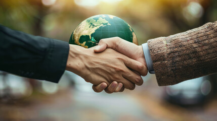 Two people shaking hands in front of a simple, green-painted globe, representing international climate agreements.