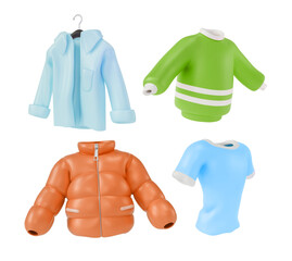 3d Different Male Clothes Set Cartoon Design Style Include of Down Jacket, Sweater and Shirt. Vector illustration