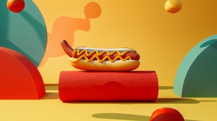 Classic Hot Dog with Mustard on a Colorful Background.