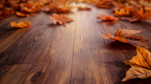 New Brown matte oak texture laminate flooring, blurred autumn leaves background, macro shot, focus on laminate flooring.