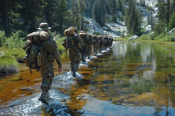 Fototapeta premium Soldiers in uniform carrying backpacks and weapons wade through a clear mountain stream surrounded by nature