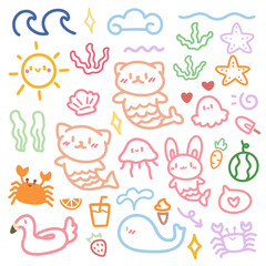 Cute doodle hand drawn kids set. Colorful element of mermaid cat, cloud, squid, crab and starfish.