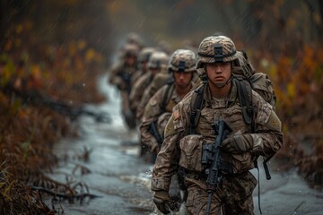 Fototapeta premium Soldiers in camouflage marching in a straight line through a muddy, rain-soaked forest