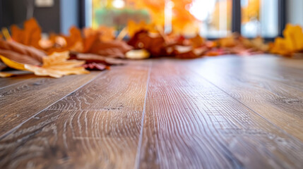 New Brown matte oak texture laminate flooring, blurred autumn leaves background, macro shot, focus on laminate flooring. - obrazy, fototapety, plakaty
