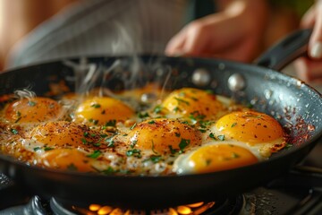 Bright yellow egg yolks add a pop of color to the pan as they cook alongside fresh vegetables and herbs - obrazy, fototapety, plakaty