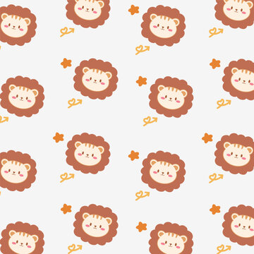 Cute lion seamless pattern on soft brown background. Cute lion vector seamless Pattern isolated repeat background wallpaper.	