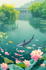 shark swimming with fish in a koi pond