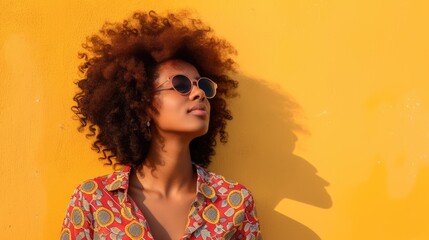 Stylish woman with afro against a vivid yellow wall, embracing bold summer fashion