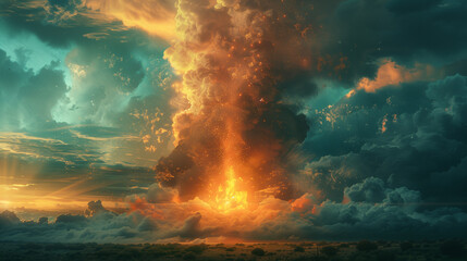 A fiery explosion is depicted in the sky, with clouds and fire in the foreground