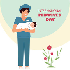 Midwives day. A smiling female doctor holds a newborn baby in her arms.