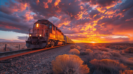 A train is traveling down a track with a beautiful sunset in the background - obrazy, fototapety, plakaty