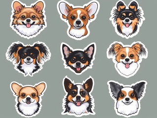 Obraz premium Stickers of small dog breeds including Chihuahua, French Bulldog, Cavalier King Charles Spaniel, Welsh Corgi, and Papillon.