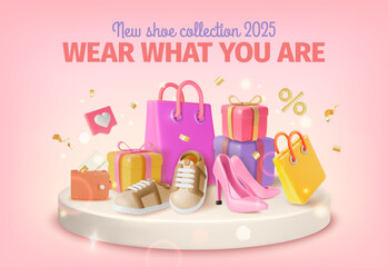 3d New Shoes Collection Ads Banner Concept Poster Card with Podium Scene with Paper Bag and High Heels Cartoon Design Style. Vector illustration